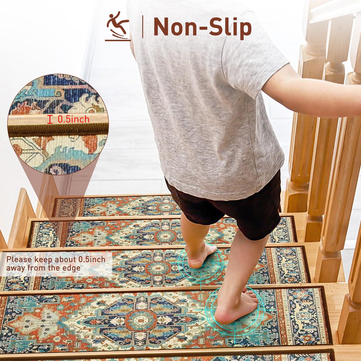 Stair Treads for Wooden Steps Indoor, 15 Pack 8" X 30" Non Slip Carpet Stair Treads with Reusable Adhesive for Kids Elders and Dogs, TPR Backing Stair Rugs Oriental Staircase Step Treads,Bohemia
