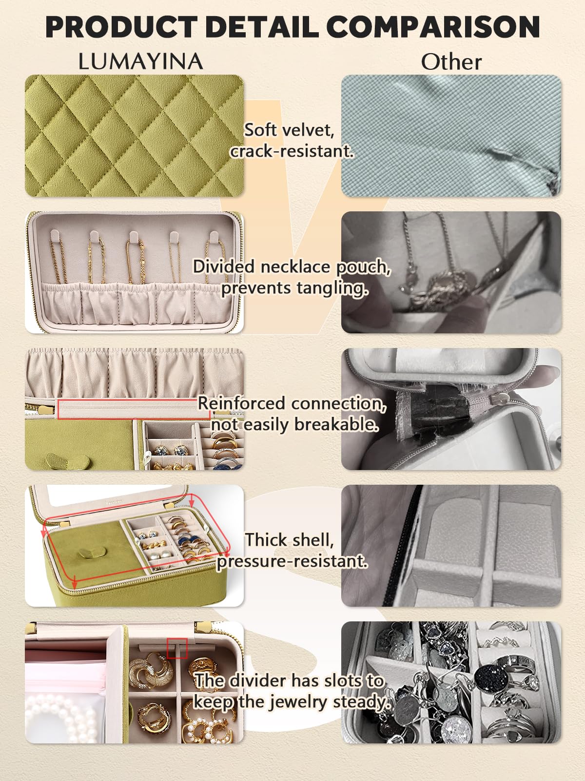 Lumayina Velvet Travel Jewelry Box with Large Mirror, Double-Layer Jewelry Organizer Case for Women and Girls, Portable Storage Case with 6 Anti-Tarnish Bags Gift Ready for Her (Avocado Green)