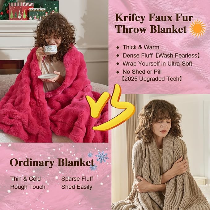 Krifey Hot Pink Bubble Blanket for Women, Soft Cloud Touch Bed Throw, Cozy Fuzzy Plush Thick Warm Blanket, Faux Rabbit Fleece, Christmas Birthday Gifts for her Girls Mom, Dorm Room Decor, 50x60in