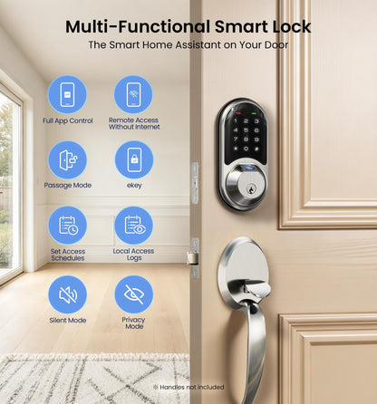 Veise RZ07 Fingerprint Smart Lock, 7-in-1 Smart Locks for Front Door, Keyless Entry Door Lock with App Control & Auto-Lock, Biometric Electronic Touchscreen Keypad Deadbolt, Satin Nickel