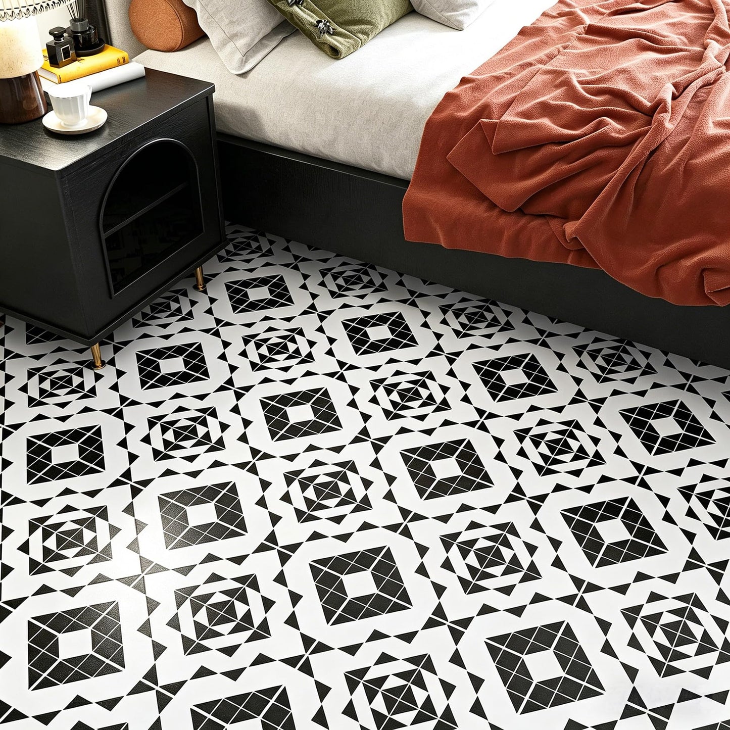 LaCheery Black and White Peel and Stick Floor Tile Bathroom Black and White Geometric Peel and Stick Floor Tiles Waterproof Laminate Linoleum Vinyl Sheet Flooring Roll for Kitchen Flooring PVC 12"x47"