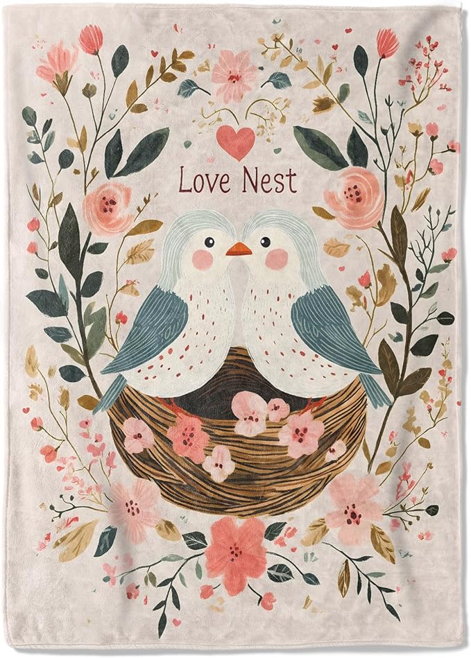 Bird Love Nest Fleece Blanket - 60x80in Cute Two Birds Flower Romantic Throw Blankets,Soft Cozy Lightweight, Ideal for Bed Living Room Home Whimsical Decor and Girls Women Gifts