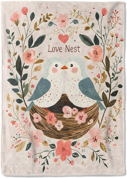 Bird Love Nest Fleece Blanket - 50x60in Cute Two Birds Flower Romantic Throw Blankets,Soft Cozy Lightweight, Ideal for Bed Living Room Home Whimsical Decor and Girls Women Gifts