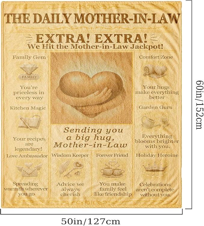 Mother-in-Law Blanket 60x50 - Vintage Newspaper Flannel Throw with Big Hug Quote, Cozy Sepia Decor - Birthday, Mother’s Day from Daughter-in-Law or Son-in-Law