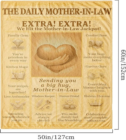 Mother-in-Law Blanket 60x50 - Vintage Newspaper Flannel Throw with Big Hug Quote, Cozy Sepia Decor - Birthday, Mother’s Day from Daughter-in-Law or Son-in-Law