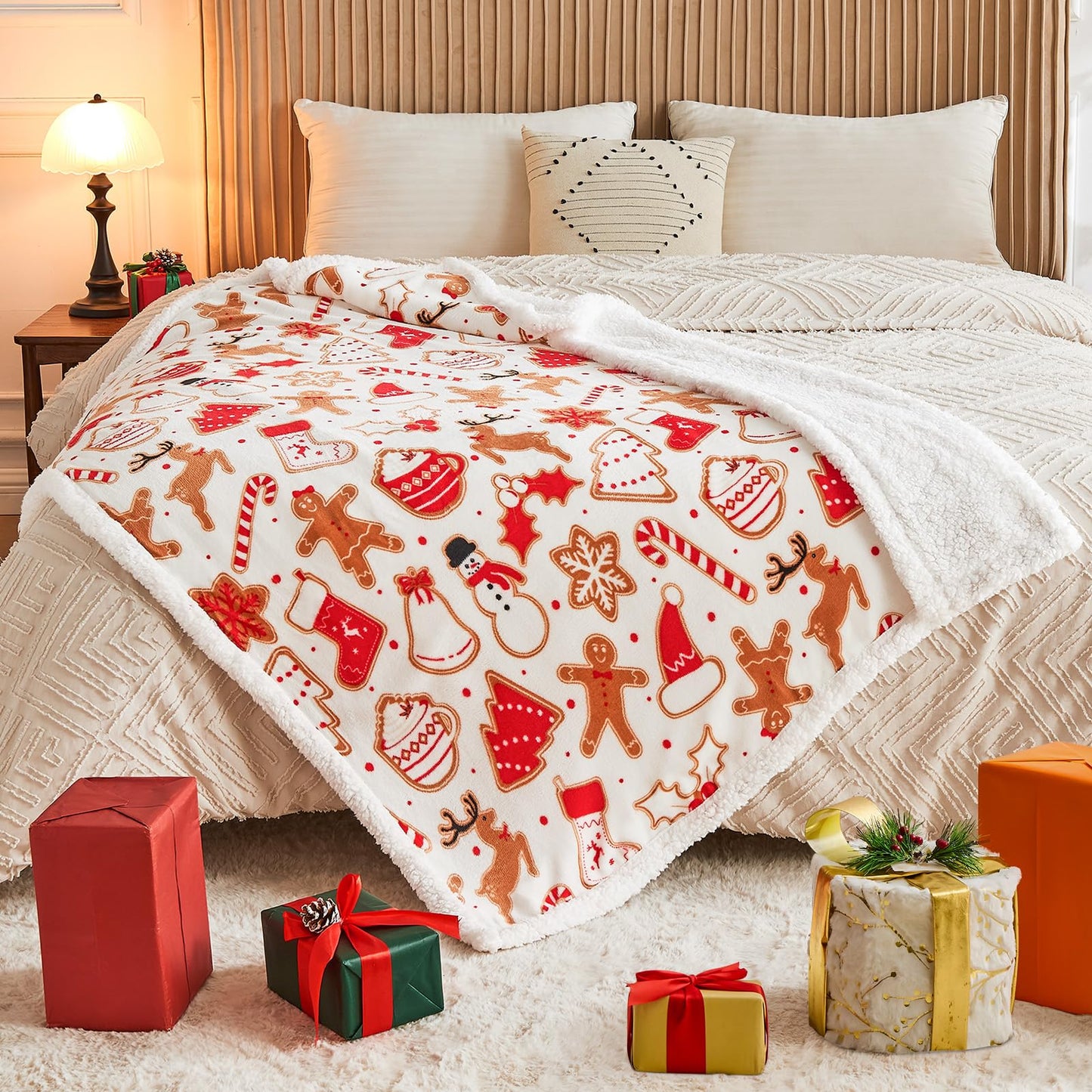 NORD ECO Christmas Throw Blanket, Christmas Decorations Gifts for Women, Sherpa Flannel Fleece Winter Holiday Blanket, Fluffy Cozy Soft Christams Throws for Couch Sofa Bed, Gingerbread, 50" X 60"