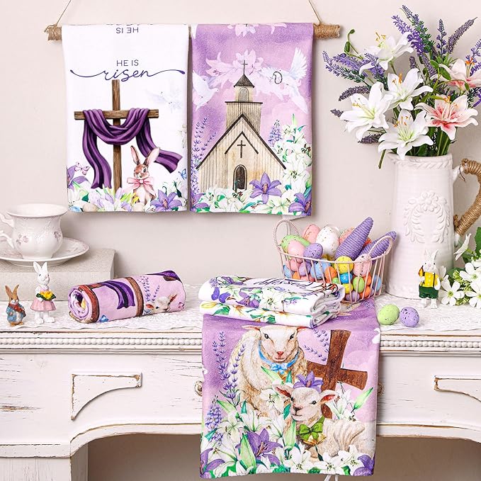 Breling Set of 6 Happy Easter Kitchen Towels Religious Dish Towel Bathroom