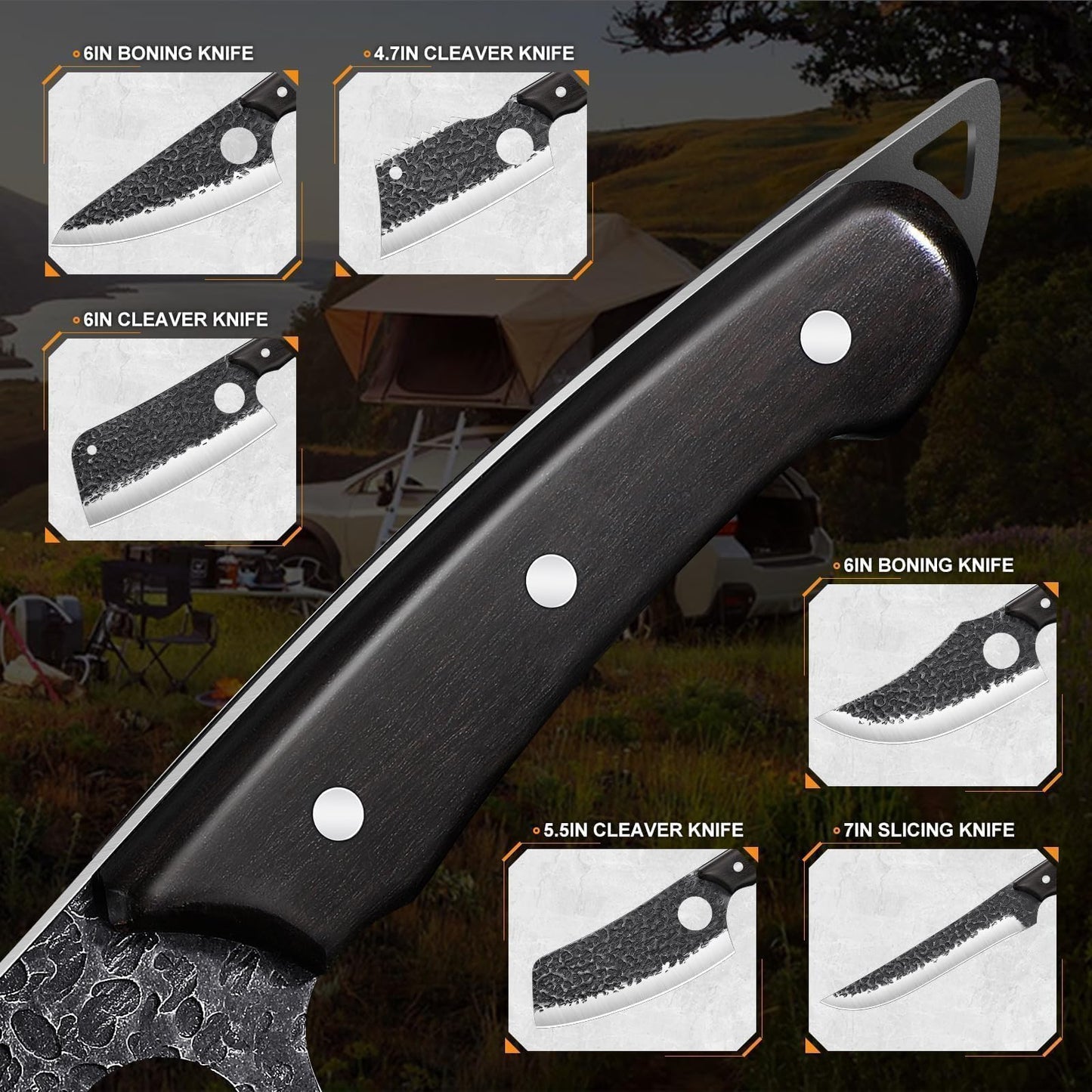 TAN REN 17PCS Butcher Knife Set with Bag, High Carbon Steel BBQ Knife Set for Meat Cutting, Hand Forged Serbian Chef Knives for Men Home & Outdoor Cooking