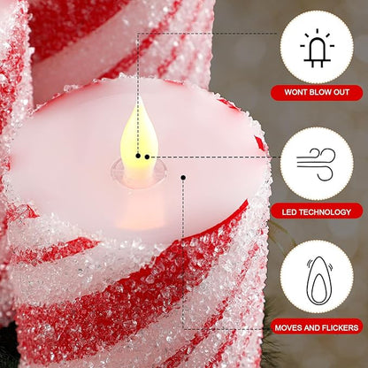 Baquler 3 Pcs Christmas Flameless Pillar Candles LED Candy Cane Peppermint Stripe Red and White Glitter Battery Operated Candles for Xmas Holiday Centerpiece Home Party Decor