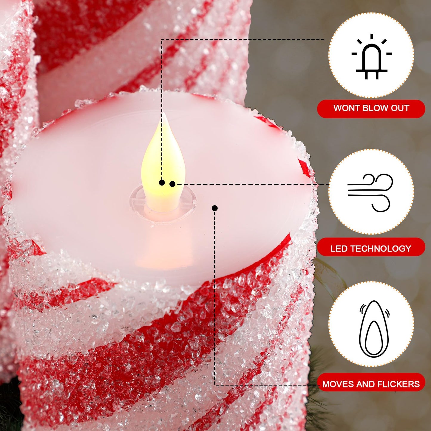 Baquler 3 Pcs Christmas Flameless Candles Pastel Candy Cane LED Pillar Candle Peppermint Glitter Red and White Battery Operated Candlestick for Xmas Party Holiday Table Home Decoration(Thin Stripe)
