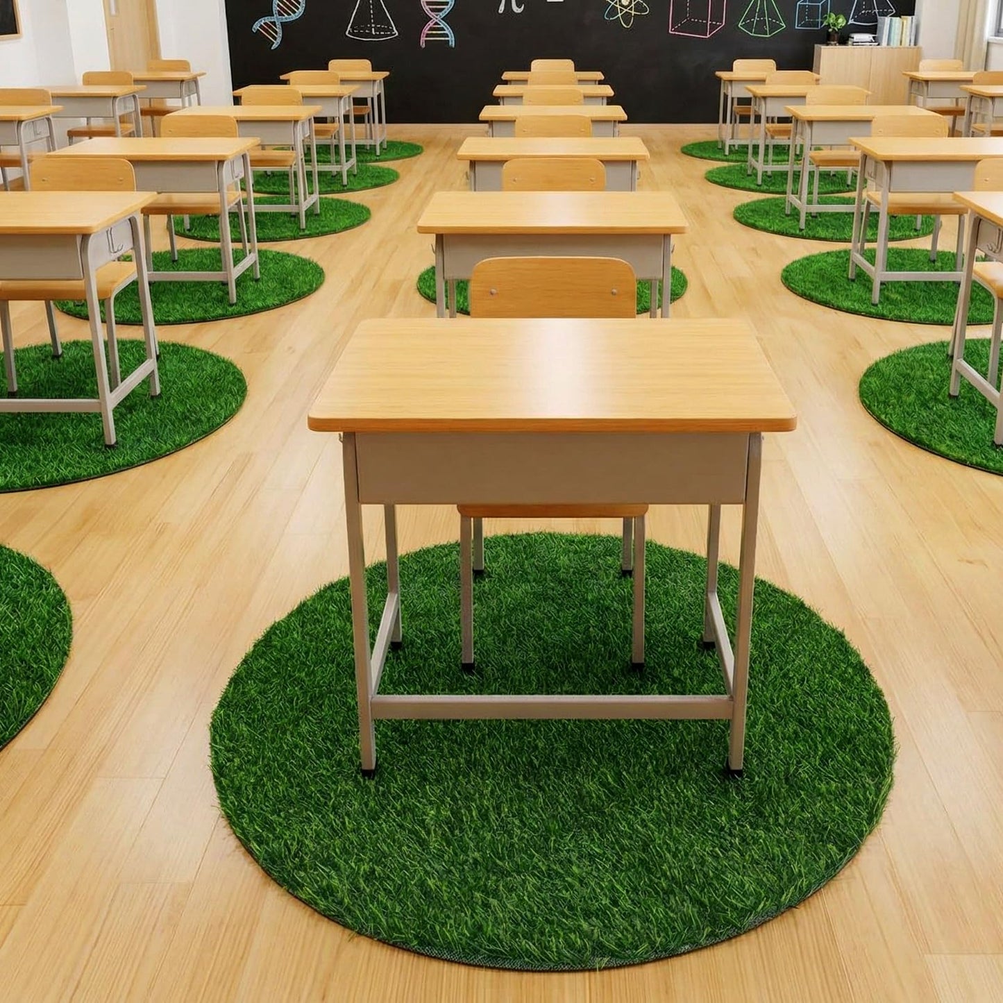 Dunzy 2 Pack Artificial Grass Mats for Class 39 Inch Round Classroom Rug Floor Cushions Soft First Day of School Educational Mat Non Slip Back to School Learning Playing Areas