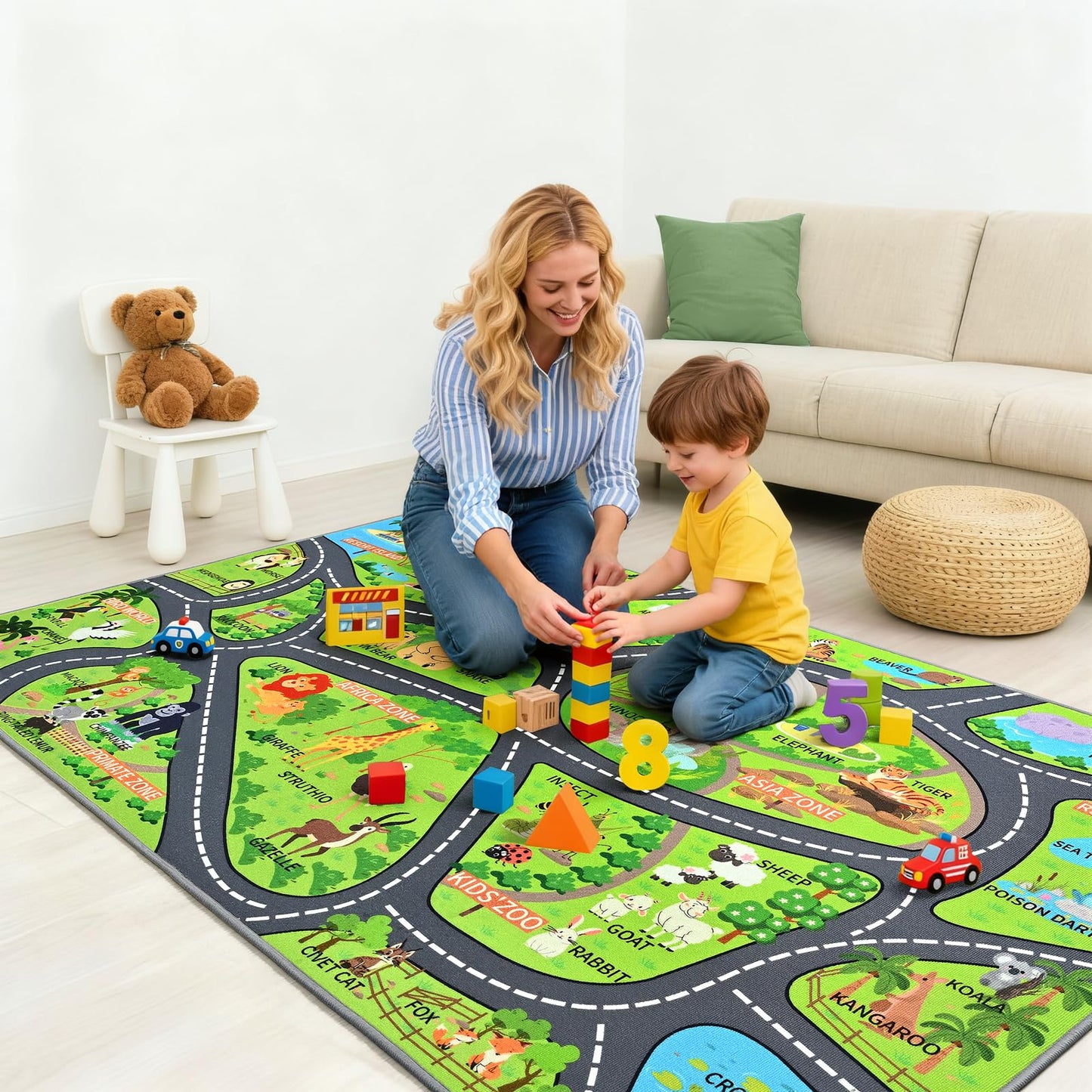 B BENRON Zoo Adventure Kids Car Rug, Cute Animal Play Mat with Non-Slip Backing, Kids Carpet with Lions, Tigers & Giraffes for Educational and Fun Playtime, 60"x36"