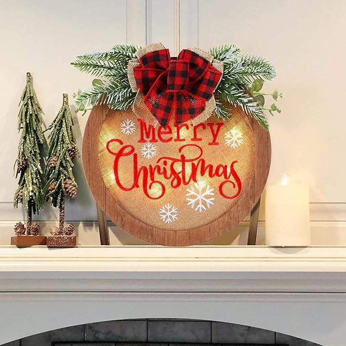 HOMCDALY Christmas Welcome Sign for Front Door, Winter Merry Christmas Wreath, Farmhouse Door Decoration Wooden Hanging Sign, Christmas Decoration (F-Xmas)