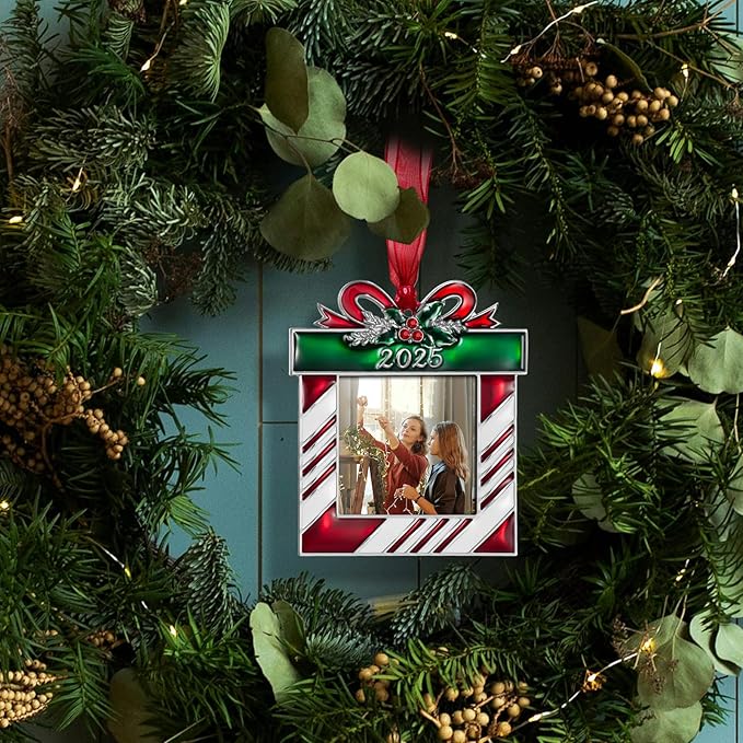 2025 Christmas Tree Ornaments Picture Frame Ornament- Made of Zinc Alloy Glitter Powder Pendant 2.5 Inch Picture Frame for Pet and Baby Holiday Keepsake Gift(Gift Bag,2025)