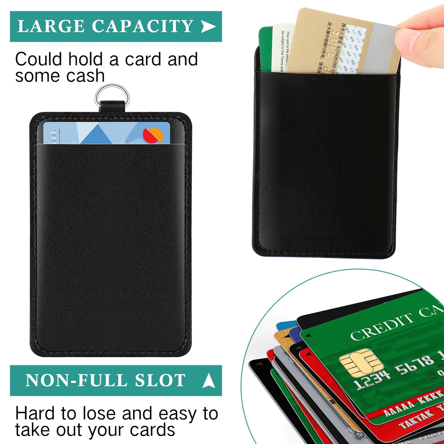 Ireer 48 Pcs ID Badge Holder with Lanyard, PU Leather Card Holder Vertical with Clear ID Access Card Window, Slot for Office Work, School Student, Black