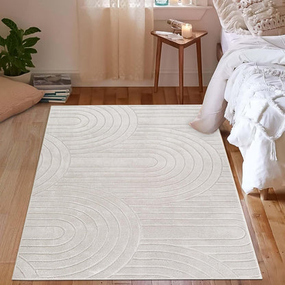 Lacomfy Soft Cozy Fluffy Arch Pattern Area Rug High-Low Pile Living Room Rug Modern Minimalist Throw Carpet - Nonslip, Washable, Soft Bedroom Rug (Stripe,Cream,4x5.3)