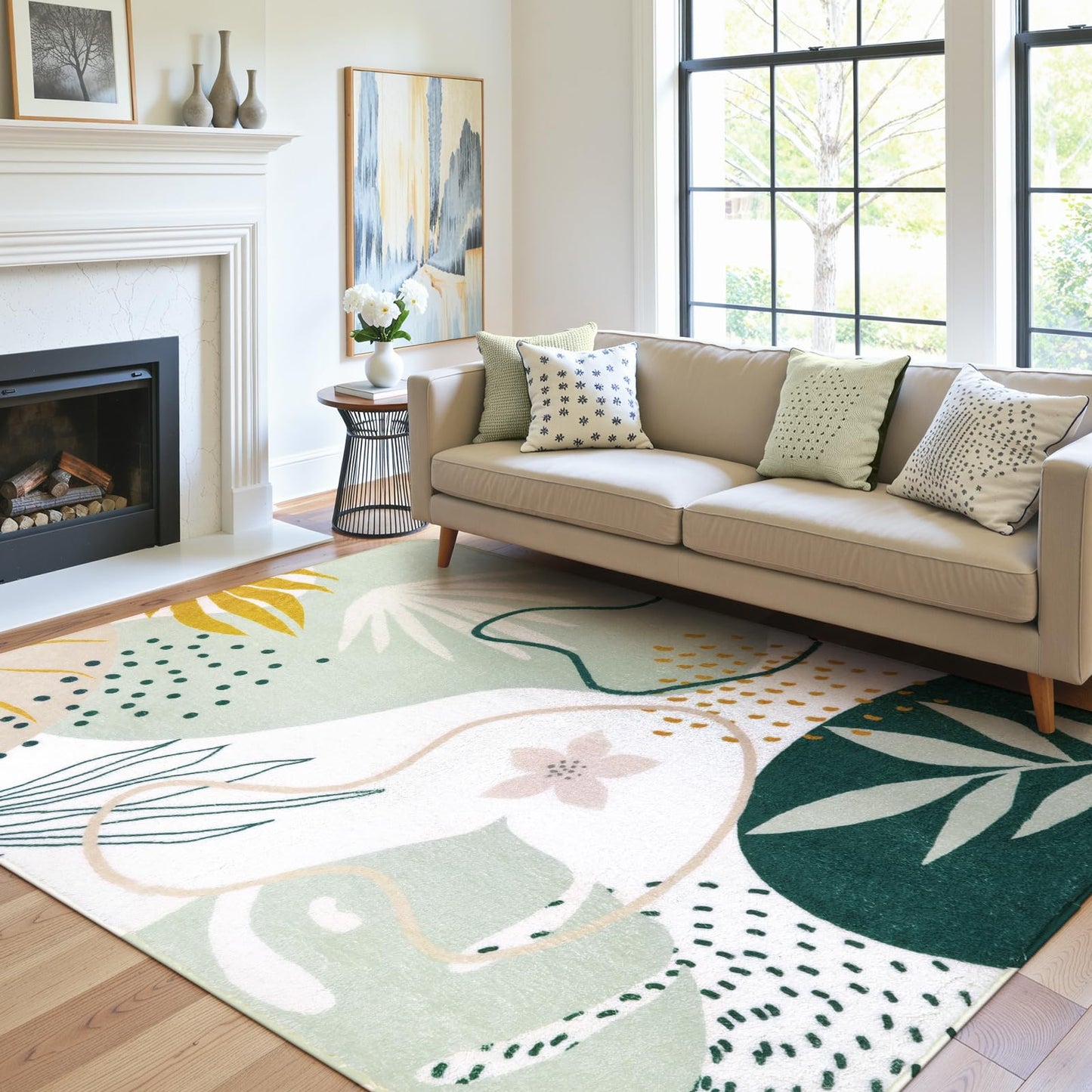 Lahome Green Washable Rugs 9x12 Living Room Rug, Non-Slip Backing Lightweight Extra Large Area Rug Ultra-Thin Throw Rus for Dining Room Table, Boho Botanical Print Soft Rug for Bedroom Classroom Home