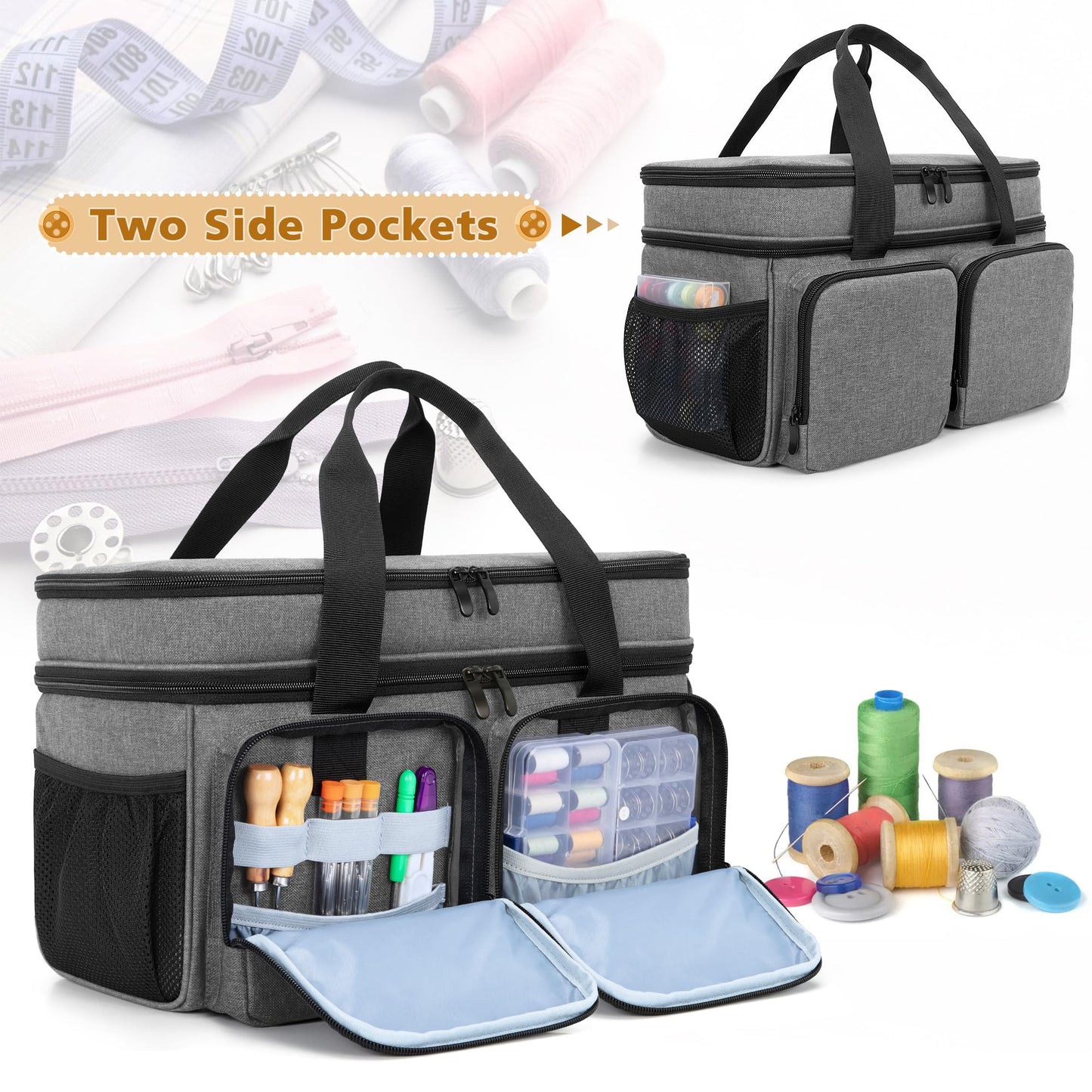 BAFASO Large Sewing Organizer Bag with an Individual Pouch and Detachable Dividers, 2 Layers Sewing Storage Bag for Sewing Supplies, Gray