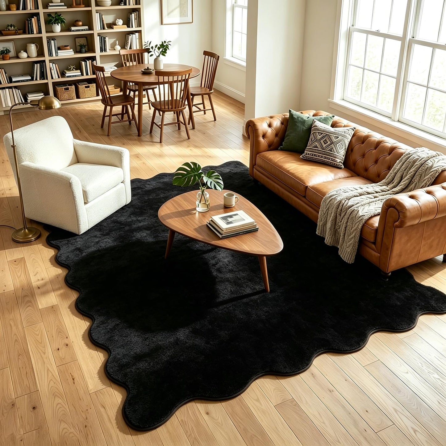 Garvee Scalloped Rug 5x7 Living Room Rug Washable Non Slip Thick Plush Indoor Carpet Ultra Soft Non-Shedding Fluffy Solid Rugs for Bedroom Playroom Nursery Kids Room Office Home Decor Black