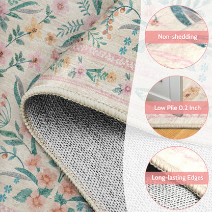 Dadasgk Pink Floral Round Rug 6ft, Washable Boho Circle Area Rug for Girls Bedroom or Living Room, Soft Non-Slip Botanical Carpet for Nursery or Kids Room, French Flower Design Home Décor Rug