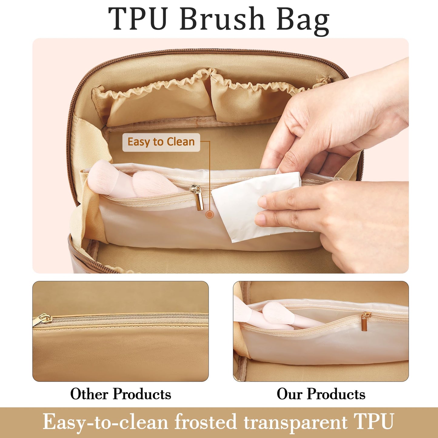 CLOUDWINGS Initial Makeup Bag Gifts for Women Bridesmaid Gifts Travel Toiletry Personalized PU Leather Waterproof Cosmetic Bag (Medium-Beige-A)
