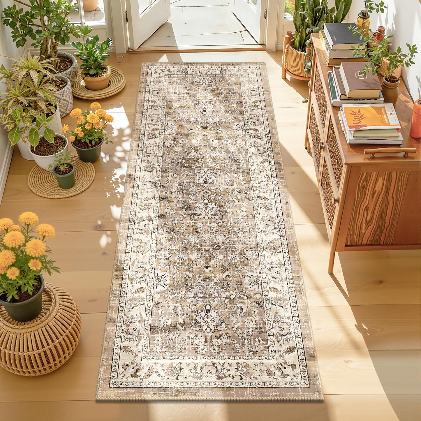LOKHOM Washable Runner Rug, 2x6 Non-Slip Vintage Hallway Runner Rug with Rubber Backing, Boho Floral Soft Faux Wool Kitchen Rug Carpet Runner for Kitchen Laundry Entryway Bedroom (Beige Brown)