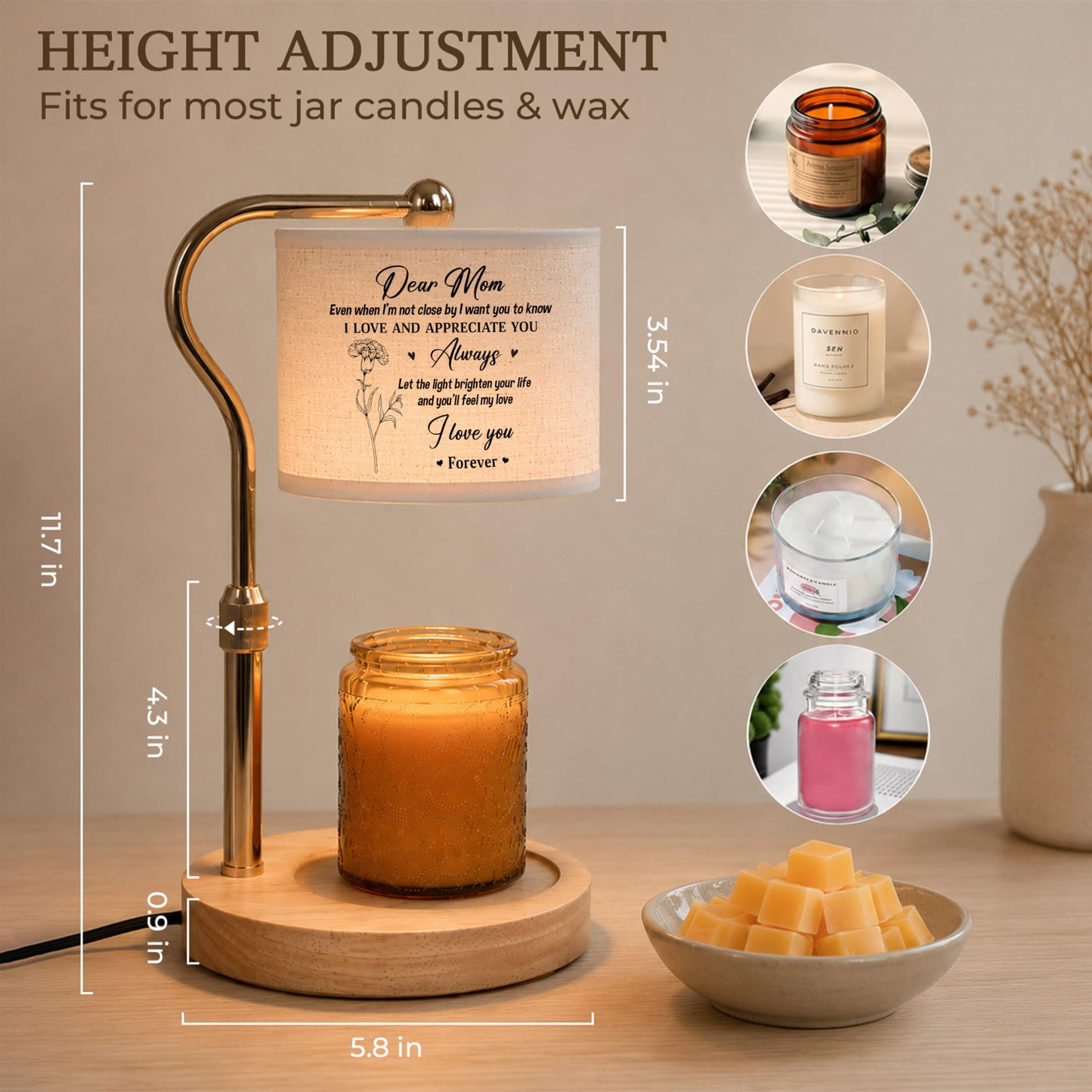 GIFTELIX Candle Warmer Lamp with Timer Dimmable - Dear Mom - Christmas Birthday Gift for Women Mom Mother from Daughter Son - Adjustable Height Wax Flameless Melter with 2 Bulbs - Cozy Home Decor