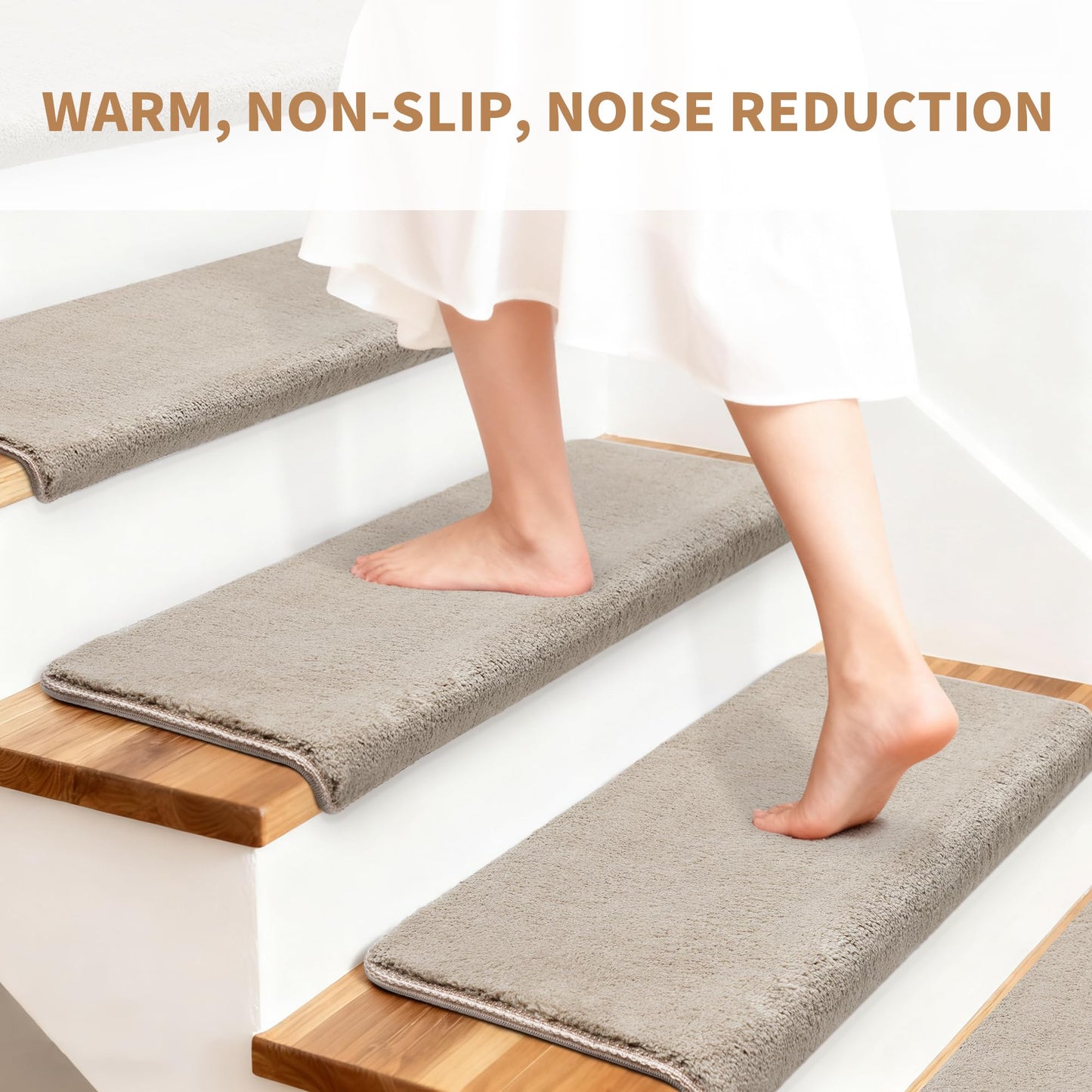 NEKL Bullnose Stair Treads Non Slip 9.5" x 32", 14 Pcs Ultra Plush Carpet Stair Treads for Wooden Steps Indoor with Edge Protection, Reusable Peel and Stick TPU Backing Stair Runner Rugs - Beige Gray