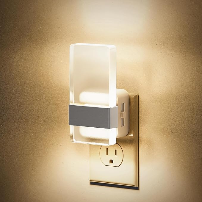 JandCase Night Lights Plug into Wall, Dusk to Dawn Sensor, 3000K Soft White LED, Acrylic Design, 0-100lm Adjustable Brightness, for Bedroom, Bathroom, Living Room, Hallway