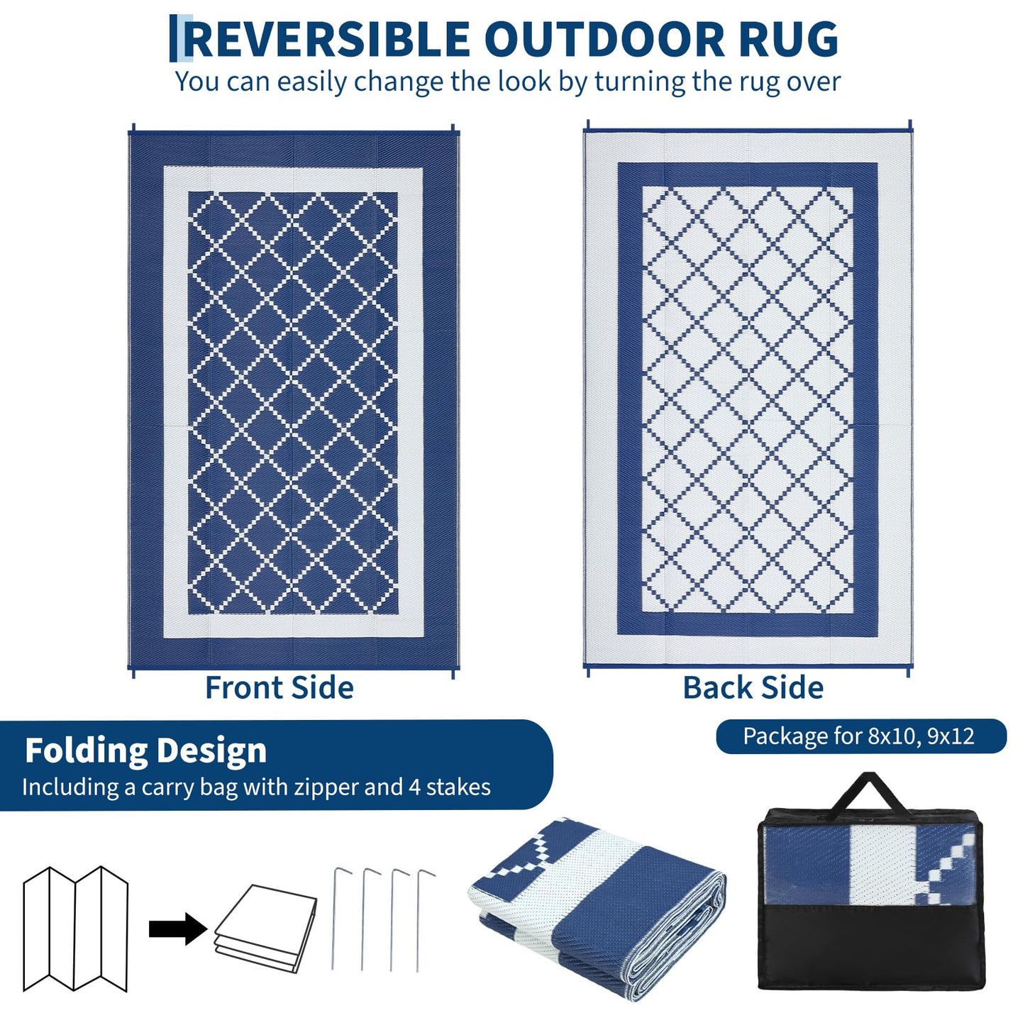 GAOMON Outdoor Rug 8x10 Patio Waterproof Reversible Plastic Straw Rug, Large UV-Resistant Portable RV Camping Mats with 4 Stakes & Carry Bag Boho Geometric Carpet for Outside Deck Porch Garden, Navy