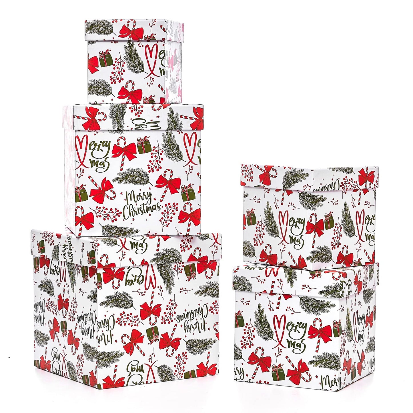 UNIQOOO 5PCS Christmas Nesting Gift Boxes with Lid, Nested Box Set, 5 Sizes, Square Stackable, Red White Green, Xmas Berry Candy Cane Paper Box Tower Décor, Holiday Thanksgiving New Year Packaging