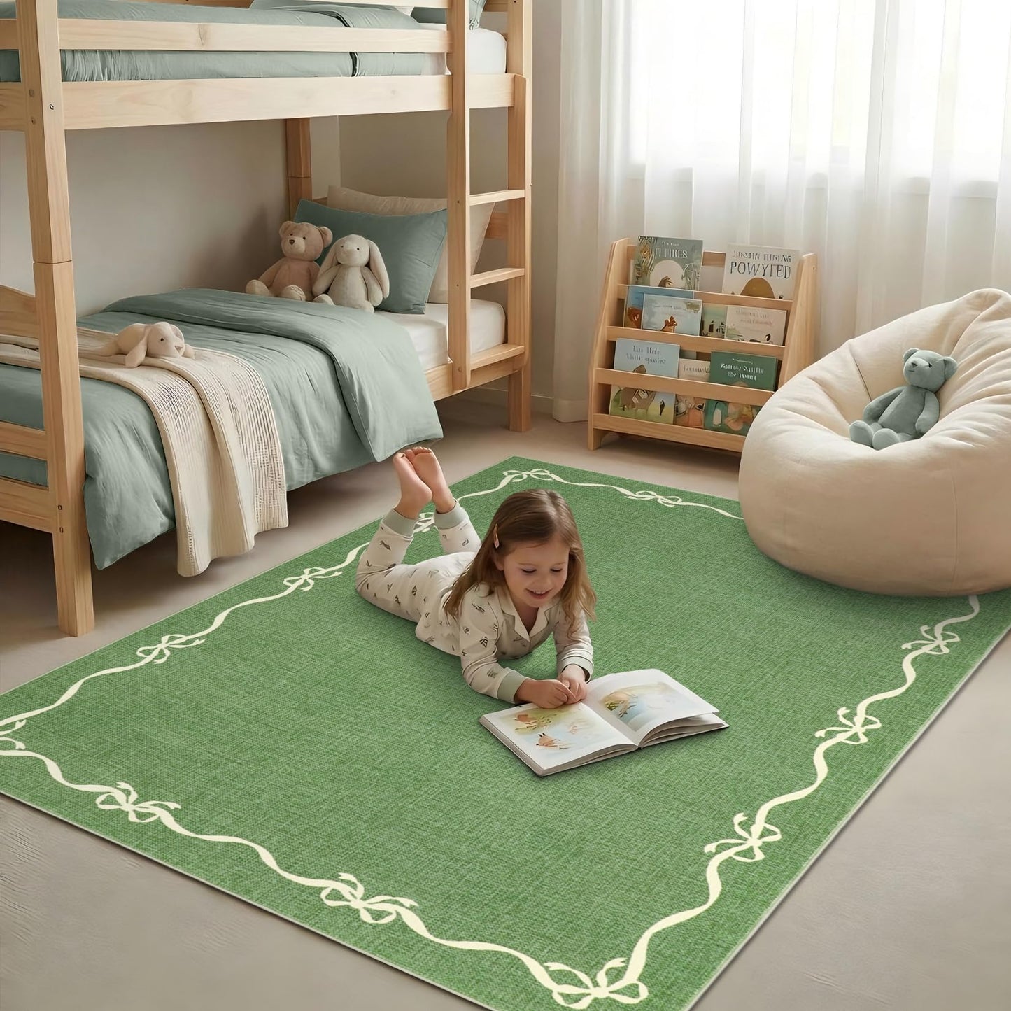 Garvee Solid Green Rug for Bedroom Girls, 4x6 Bow Area Rugs for Living Room with Soft Low Pile, Non Slip Coquette Washable Rug 4x6 for Nursery Kids Playroom Dining Room College Dorm Carpet