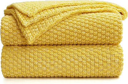 Longhui bedding Bright Yellow Knitted Throw Blanket for Couch, Soft, Cozy Machine Washable 100% Cotton Sofa Knit Blankets, Heavy 3.0lb Weight, 51 x 63 Inches, Yellow and White Color