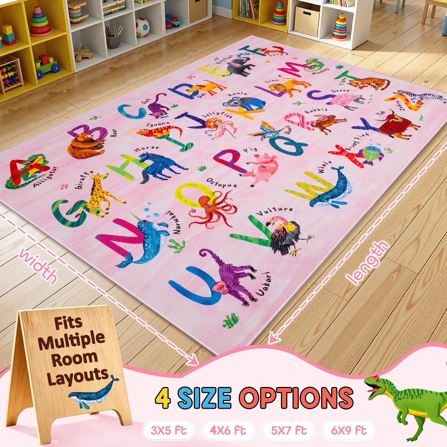 Rogara 5x7 ABC Classroom Rug for Kids Playroom, Alphabet Rug with 26 Animals, Non-Slip Washable Kids Carpet, Educational Preschool Play Mat for Daycare, Nursery, Toddler Bedroom