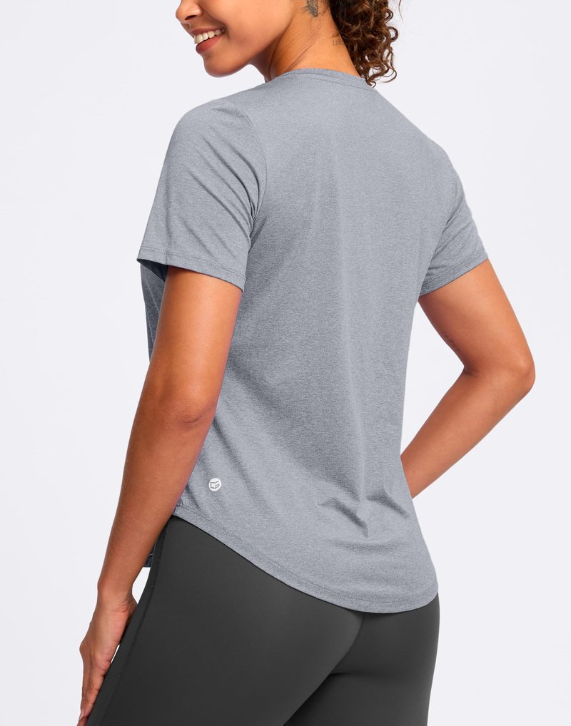 Womens Workout Shirts V-Neck Short Sleeve UPF 50+ Sun Shirt Moisture Wicking Dry Fit Top for Gym, Running, Athletic (Heather Grey, L)