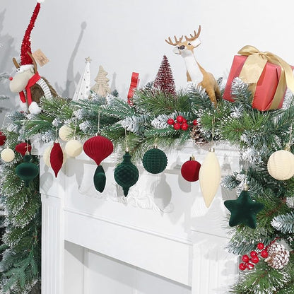 SY Super Bang 30PCS Velvet Christmas Ornaments Set, Flocked Shatterproof Assorted Hanging Xmas Tree Ball Decorations, for Home Party Holiday Decor, Coffee, Beige, Deep Green