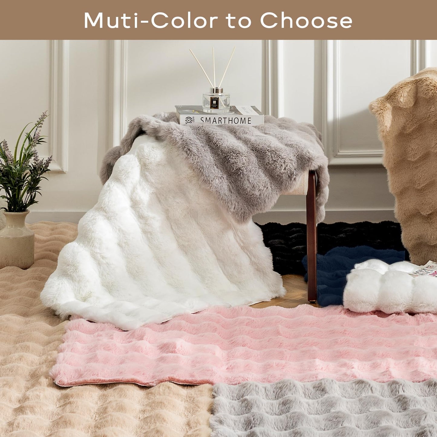 Ashler Faux Rabbit Fur Rug, White 2x6 FT Fluffy Soft Runner Area Rugs, Rectangle Fuzzy Carpet for Living Room, Bedroom, Machine Washable - 3D Bubble Mat