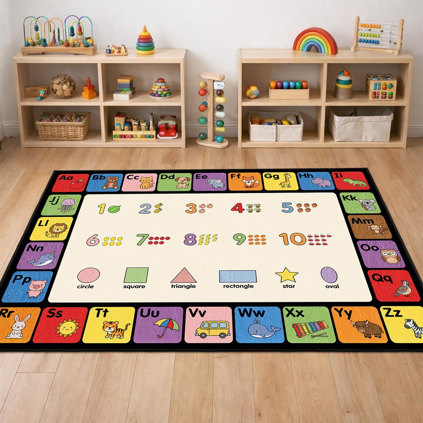 ABC Rug for Classroom, Alphabet, Numbers & Shapes 3-in-1 Educational Area Rugs for Childrens, Non-Slip Animals Learning Carpet for Kids Room, Daycare, Preschool, Elementary -5' x 7' (Multi-Color)