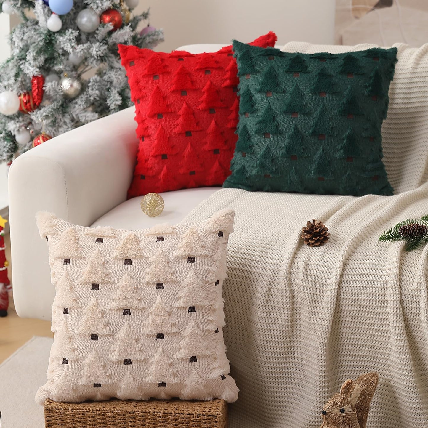 Allorry Christmas Pillow Covers 18x18 inch Set of 2 Christmas Decorations Soft Plush Faux Fur Wool Green Christmas Tree Throw Pillow Cases Winter Holiday Decor for Sofa Living Room PT-002A18