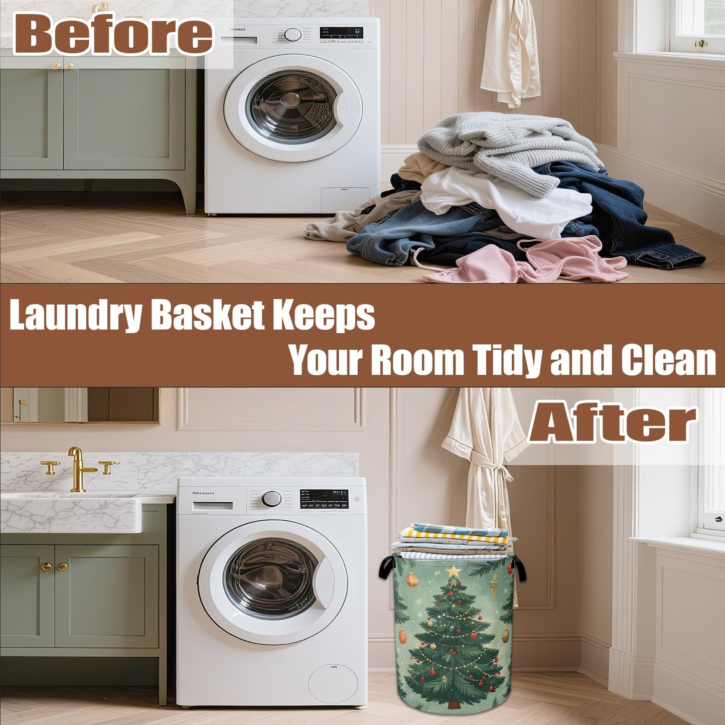 Christmas Tree Laundry Baskets,Laundry Hamper Storage Basket with Handles for Bathroom Bedroom College Dormitory Living Room Nursery Organizer 16"x20.8"