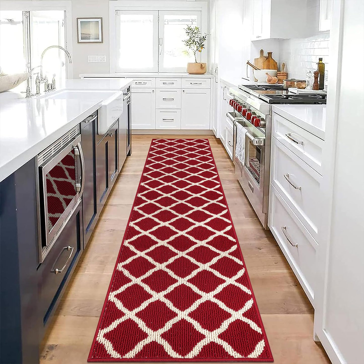 SHACOS Hallway Runner Rug 2x8 ft Washable Christmas Kitchen Runner Rugs Non Slip Rubber Backing Rug Runner Entryway Runner Laundry Room Floor Mat Trellis Carpet Runners, Red