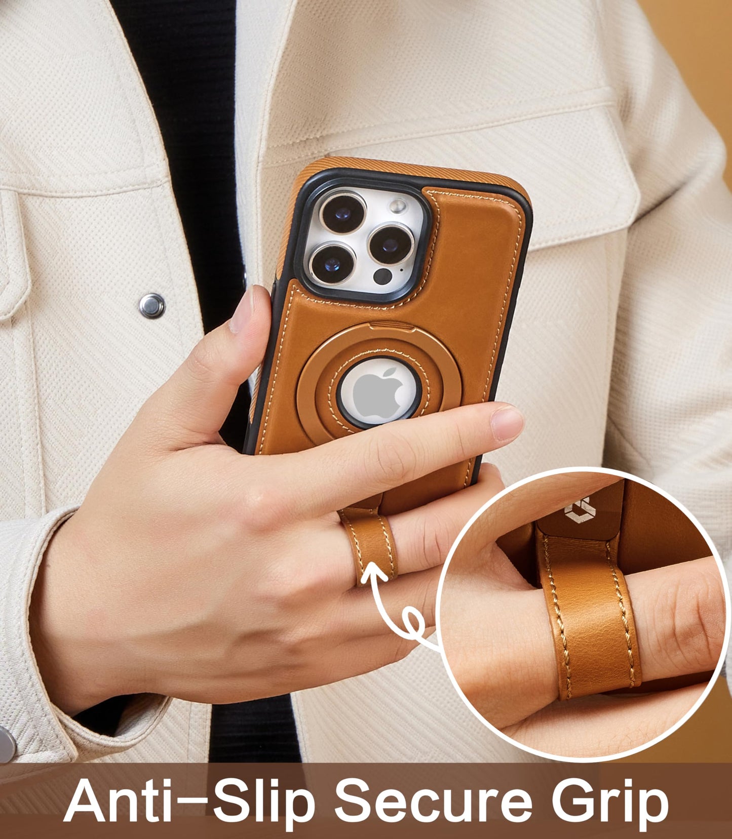 Butaiga for iPhone 16 Pro Max Leather Case with Stand, Anti-Slip Grip Ring, Fits for MagSafe (Brown, iPhone 16 Pro Max)