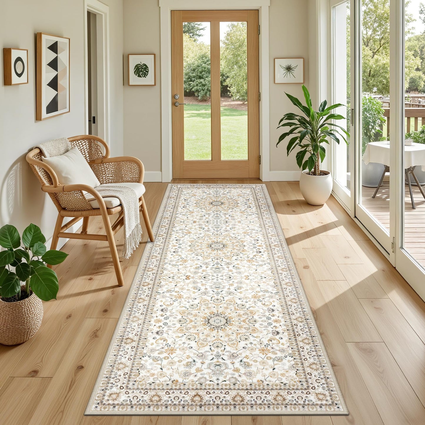Hallway Runner Rug Non Slip - Washable 2.6x8 Kitchen Rugs for Living Room, Low-Pile Soft Bedroom Rug Indoor Floor Stain Resistant Carpets for Entryway, Laundry, Bathroom Beige