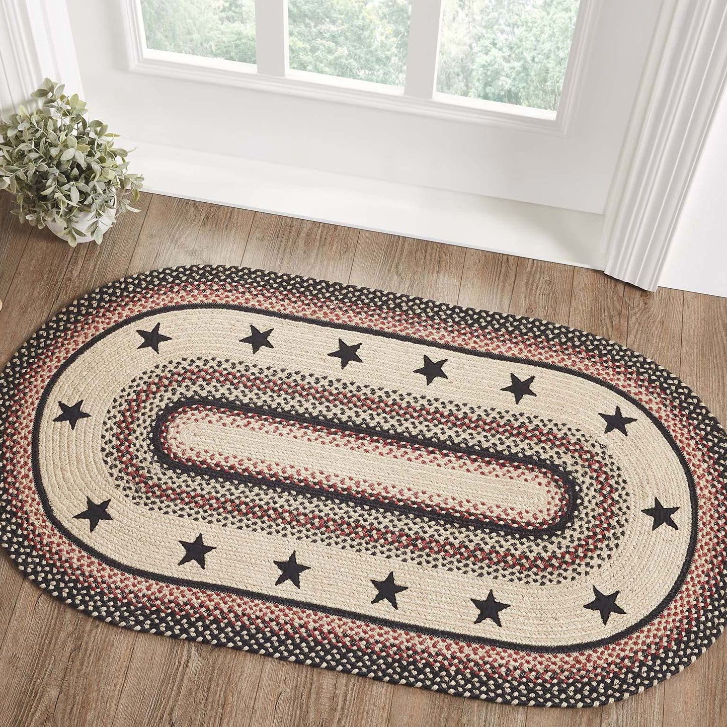 VHC Brands Colonial Star Rug with PVC Pad, Jute Blend, Oval, Tan Black Red, 27x48 inches