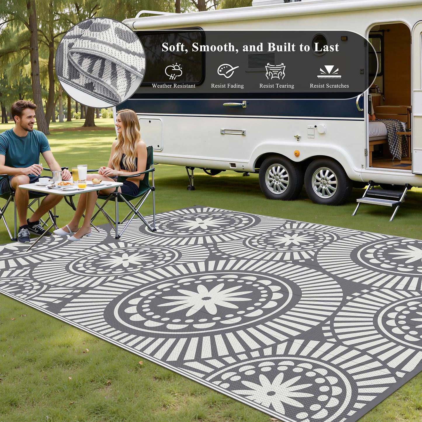 Ileading Outdoor Patio Rug Waterproof, Reversible Plastic Straw Mat, Grey Geometric Outside Carpet Quick Dry, Portable Area Rug for Deck Porch Balcony Camping RV (6×9 ft)