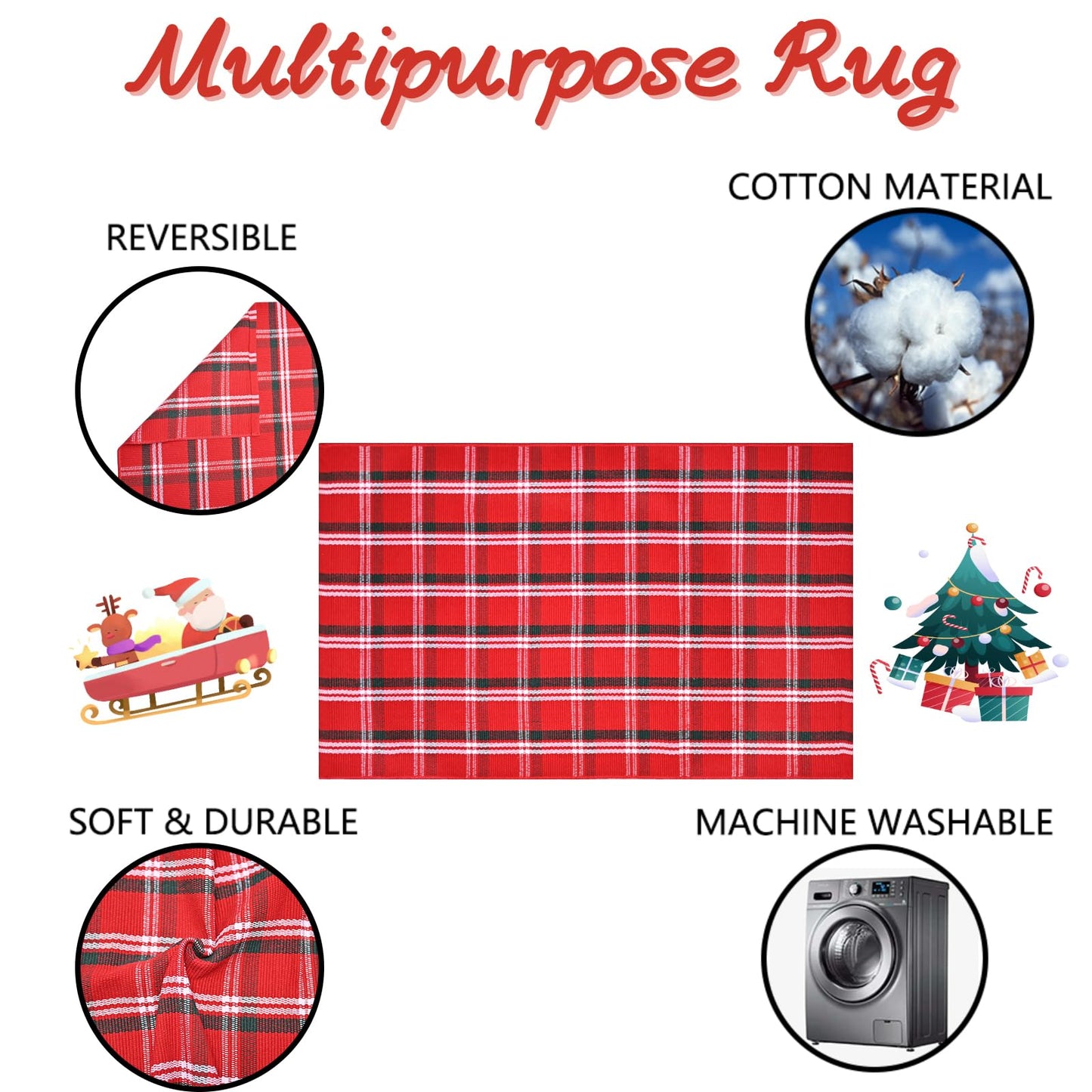 Christmas Red Green White Plaid Rug, 28" x 43" Cotton Hand-Woven Buffalo Check Layered Door Mat for Front Porch, Entryway, Outdoor Holiday Decor, Washable Farmhouse Rug for Home, Patio, Kitchen