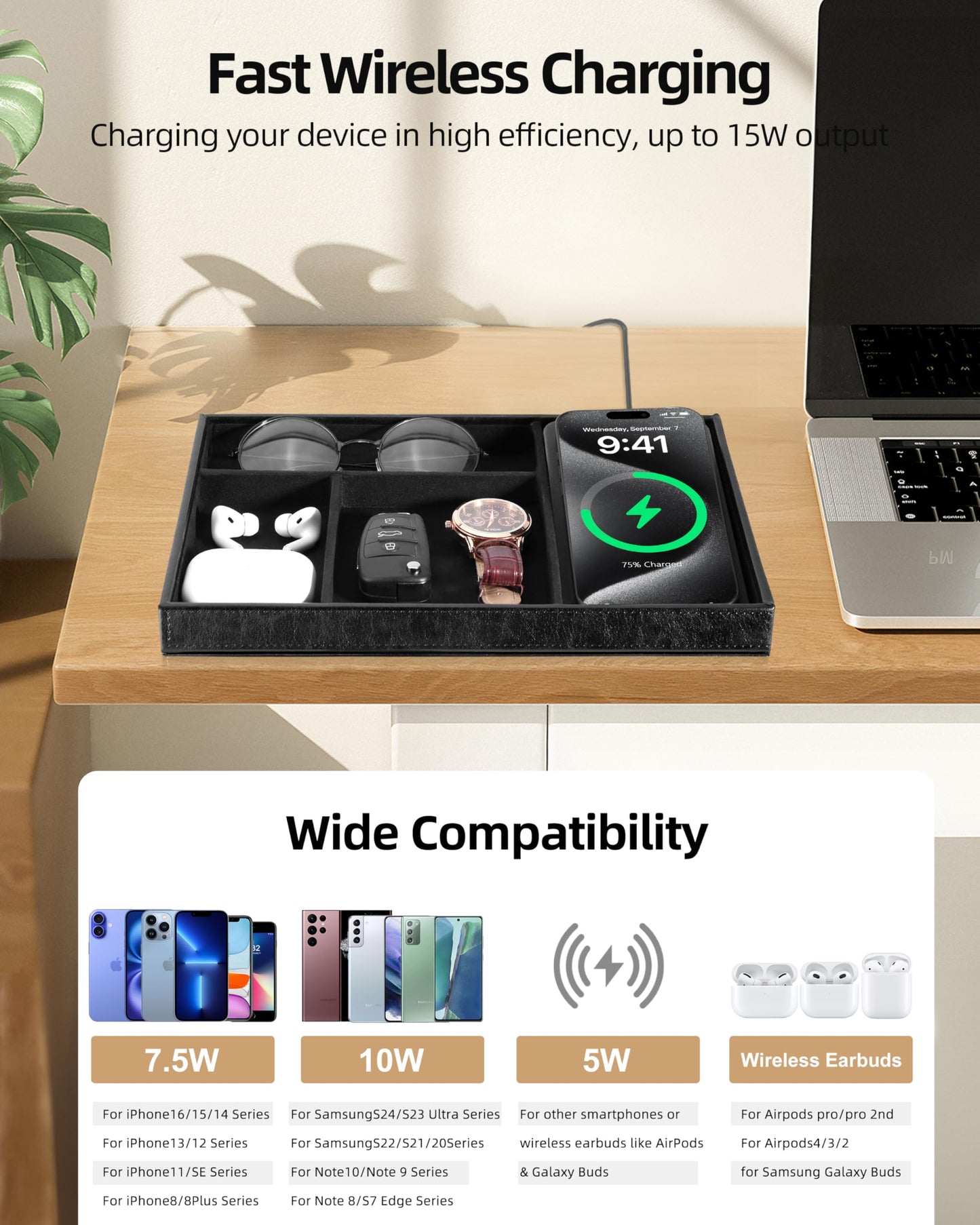 Investme Valet Tray with Wireless Charger, Nightstand Organizer for Men, EDC Catchall Tray for Keys, Watch, Wallet, Jewellery, Premium Vegan Leather, Bedside Caddy, Stylish and Organized, PU Black