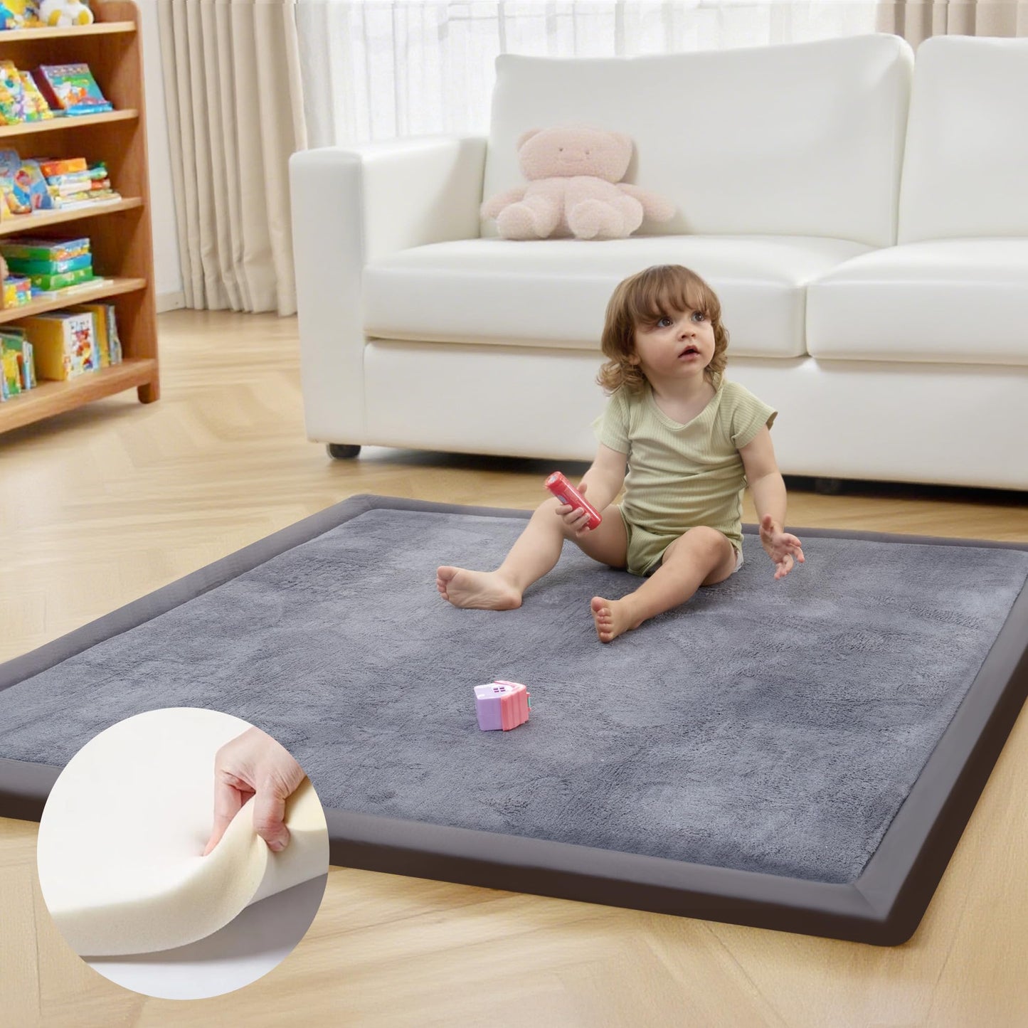 ACOMOPACK 1.3" Thick Baby Play Mat for Floor,50x50 Elasti-Foam Playpen Mat for Kids,Infants,Toddlers, Ultra Soft Crawling Mat with Non-Slip Bottom,Tummy Time,Nursery Rug,Yoga,Tatami（Dark Grey）
