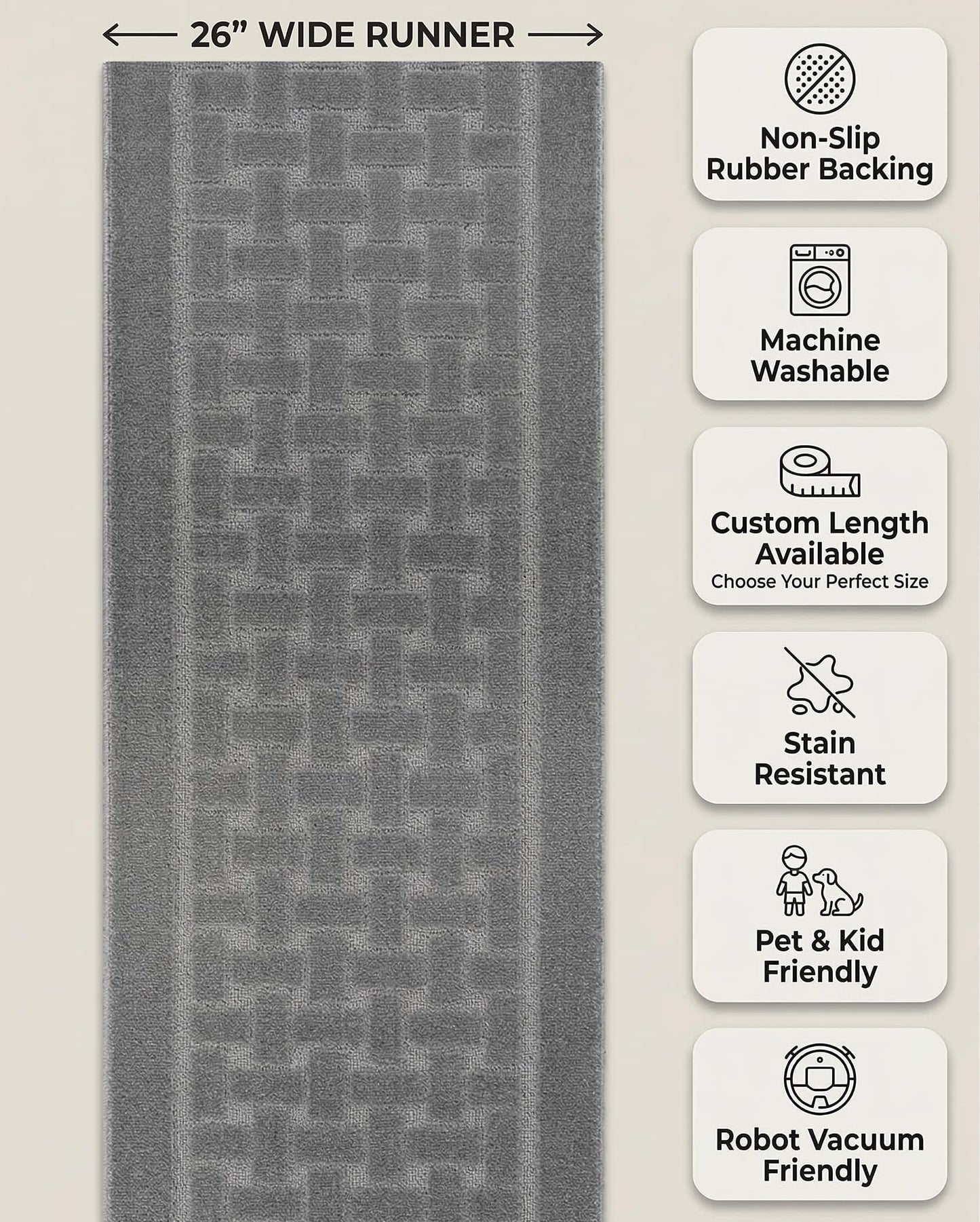 Runner Rug 12 ft, Non-Slip Washable Rug, Grey Textured Carpet for Kitchen Hallway Entryway, Rubber Backing, Indoor, Rolled in Box (26" x 12'), Custom Size Floor Runner