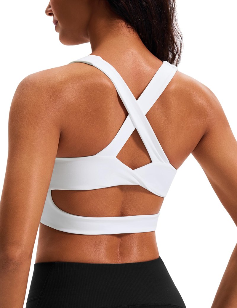 JOYSPELS Stunning Criss-Cross Back Sports Bra, Buttery Soft Longline Yoga Tank Top with Removable Padding, Padded Open-Back Workout Top for Pilates, Barre & Medium-Impact Gym White